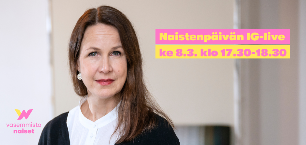 Veronika Honkasalo on pukeutunut mustavalkoiseen asuun. Hänellä on ruskeat pitkähköt hiukset ja hän katsoo suoraan kameraan. Kuvassa on teksti "Naistenpäivän IG-live ke 8.3. klo 17.30-18.30"